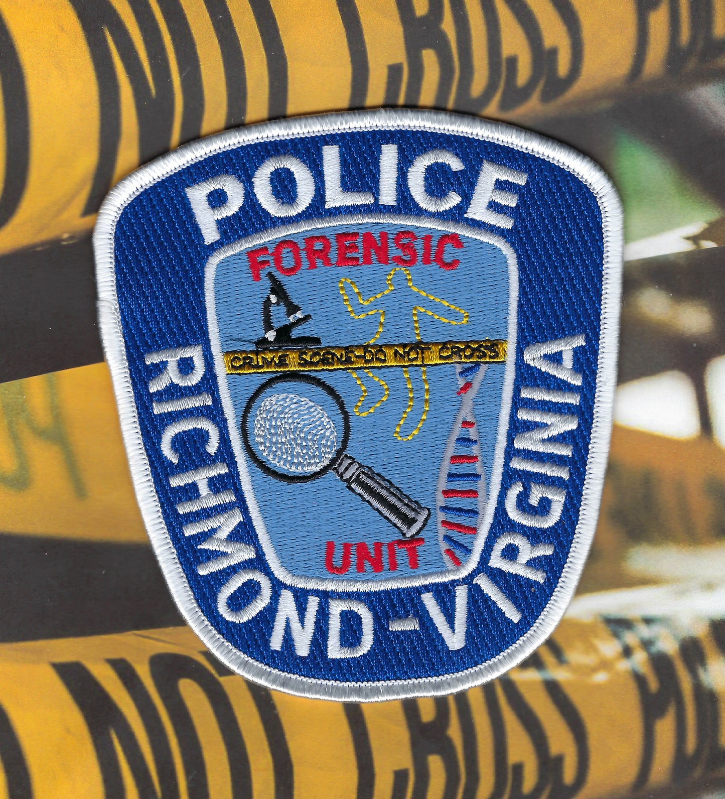 RICHMOND, VIRGINIA POLICE DEPARTMENT 4.5 INCH 'FORENSICS UNIT' EMBROIDERED PATCH BY HUNTZMAN ENTERPRISES.