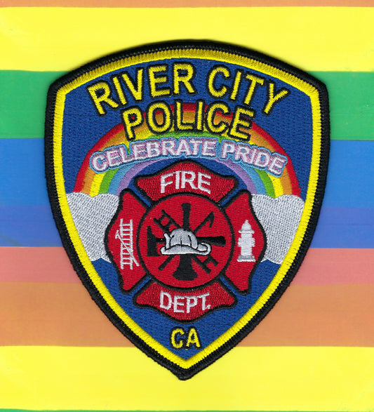 RIVER CITY, CALIFORNIA FIRE DEPARTMENT EMBROIDERED 'GAY PRIDE' PATCH DESIGNED AND PRODUCED BY GHOST PATCH ENTERPRISES.