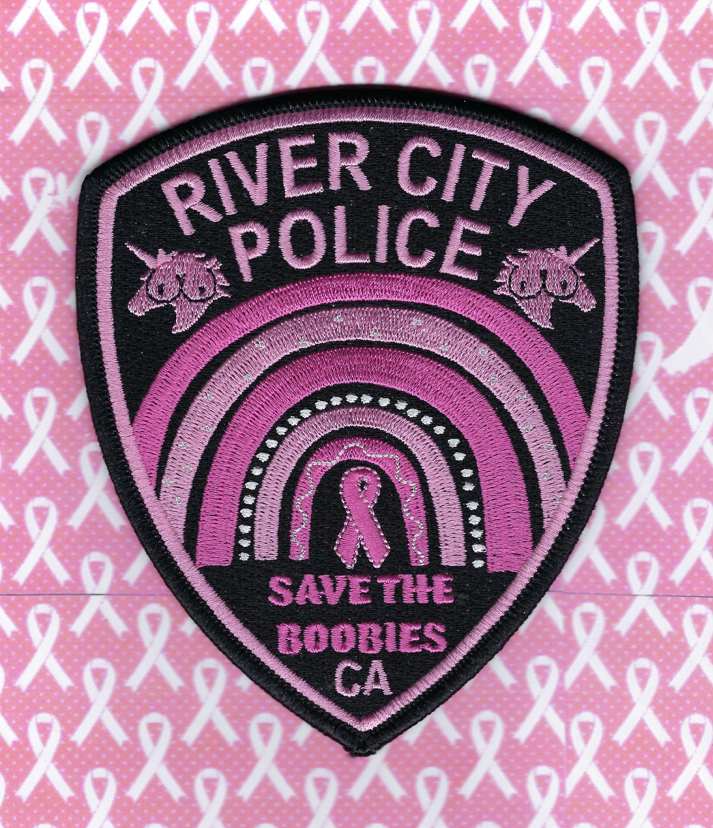 RIVER CITY, CALIFORNIA POLICE DEPARTMENT 'BREAST CANCER AWARENESS" EMBROIDERED PATCH DESIGNED AND PRODUCED BY GHOST PATCH PRODUCTIONS.
