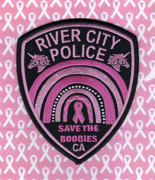 RIVER CITY, CALIFORNIA POLICE DEPARTMENT 'BREAST CANCER AWARENESS" EMBROIDERED PATCH DESIGNED AND PRODUCED BY GHOST PATCH PRODUCTIONS.