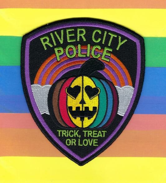 RIVER CITY, CALIFORNIA POLICE DEPARTMENT 4.75 INCH EMBROIDERED 'GAY PRIDE' HALLOWEEN PATCH DESIGNED AND PRODUCED BY GHOST PATCH ENTERPRISES.