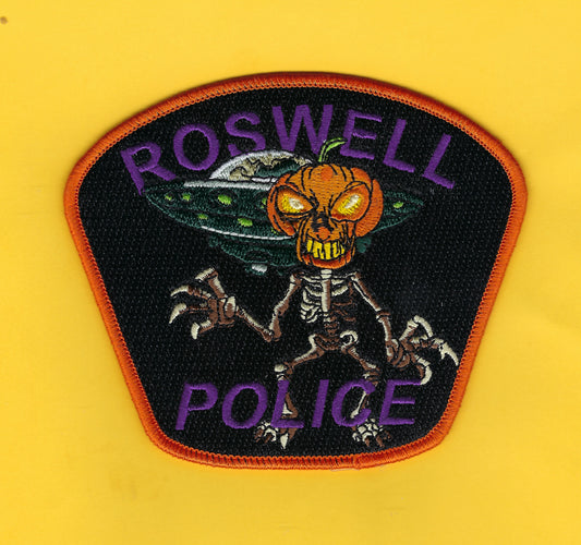 ROSWELL, NEW MEXICO POLICE DEPARTMENT EMBROIDERED HALLOWEEN PATCH BY GHOST PATCH PRODUCTIONS.
