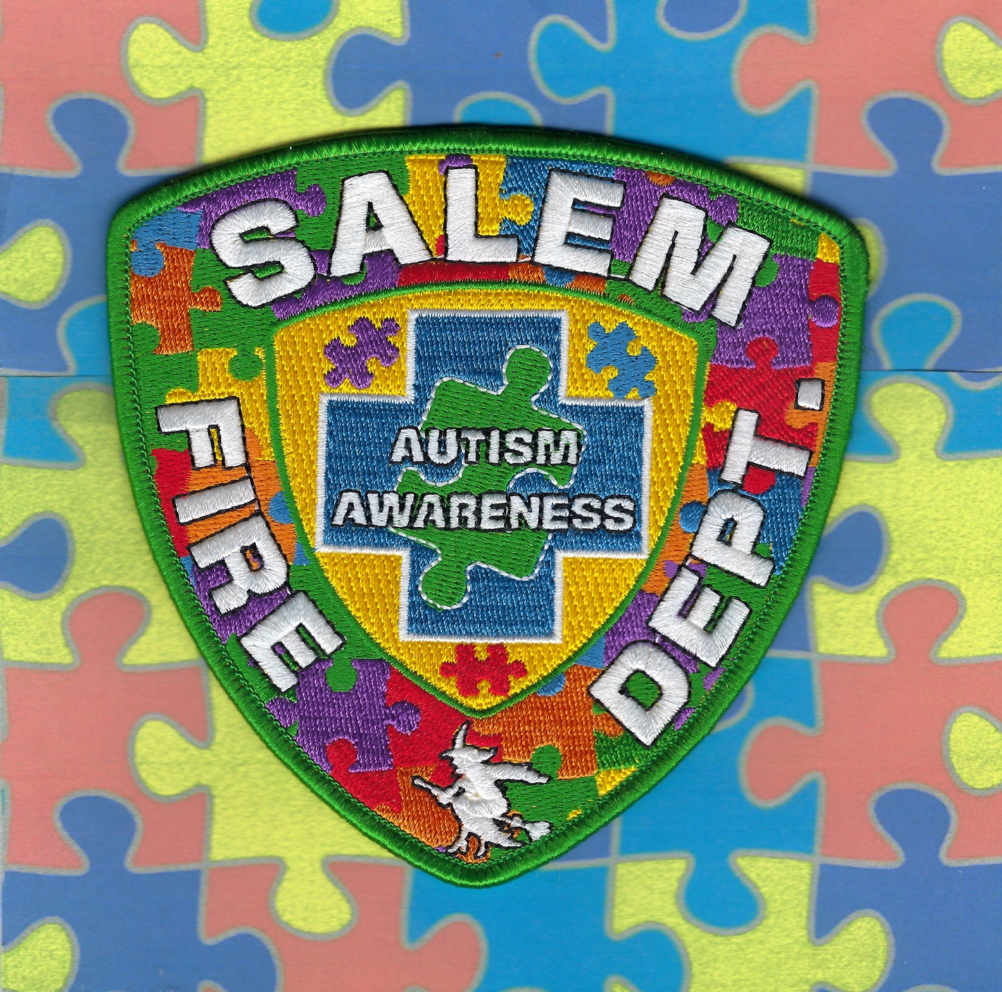 SALEM, MASSACHUSETTS POLICE DEPARTMENT (WITCH CITY) 4.5 INCH AUTISM AWARENESS EMBROIDERED PATCH SOLD EXCLUSIVELY BY THE WITCH CITY FIRE.