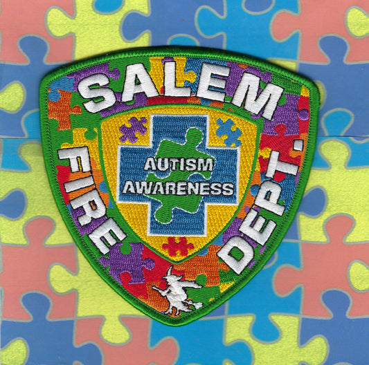 SALEM, MASSACHUSETTS POLICE DEPARTMENT (WITCH CITY) 4.5 INCH AUTISM AWARENESS EMBROIDERED PATCH SOLD EXCLUSIVELY BY THE WITCH CITY FIRE.
