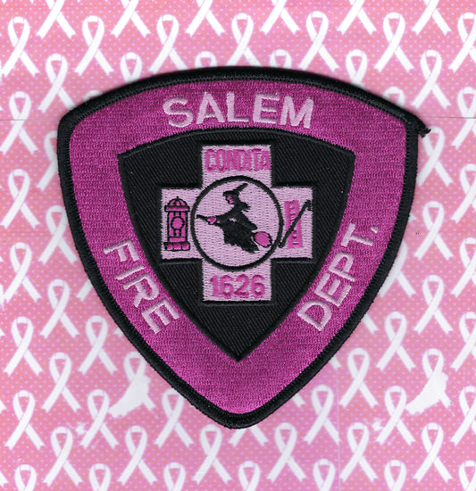 SALEM, MASSACHUSETTS (WITCH CITY) FIRE DEPARTMENT 4-INCH BREAST CANCER AWARENESS EMBROIDERED PATCH BY PUBLIC SAFETY COLLECTIBLES.