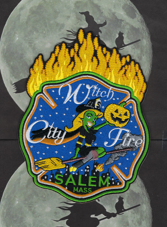 SALEM, MASSACHUSETTS FIRE DEPARTMENT (WITCH CITY) 6-INCH HAPPY HALLOWEEN EMBROIDERED PATCH SOLD EXCLUSIVELY BY THE WITCH CITY FIRE. 🚓