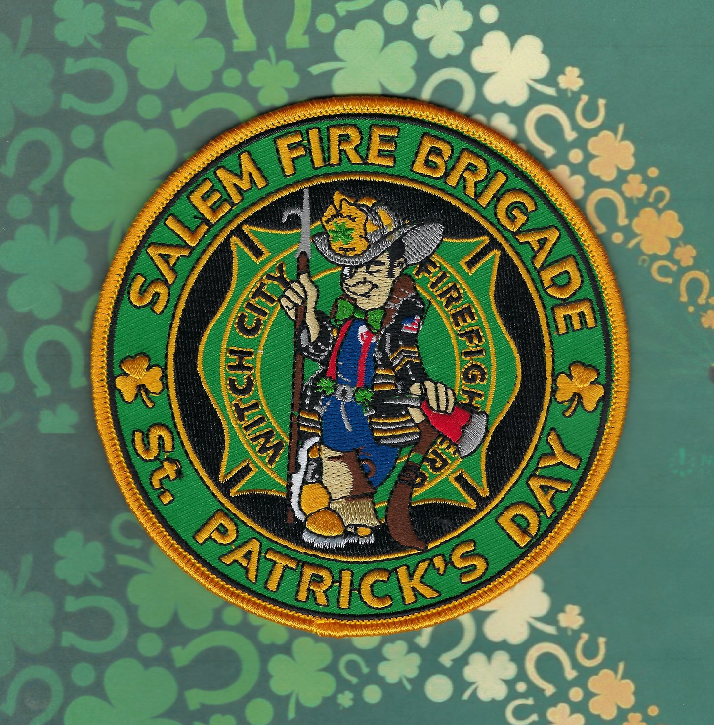 SALEM, MASSACHUSETTS FIRE DEPARTMENT (WITCH CITY) 4.5 INCH SAINT PATRICK'S DAY EMBROIDERED PATCH SOLD EXCLUSIVELY BY THE WITCH CITY FIRE.