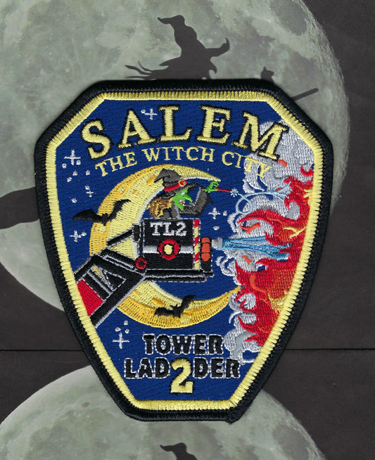 SALEM, MASSACHUSETTS (WITCH CITY) FIRE DEPARTMENT 4.5 INCH TOWER LADDER 2 EMBROIDERED COMPANY PATCH BY PUBLIC SAFETY COLLECTIBLES.