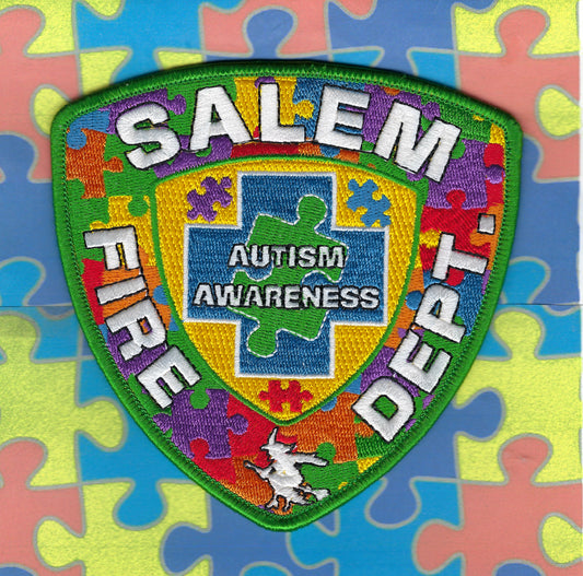 SALEM, MASSACHUSETTS POLICE DEPT (WITCH CITY) 4.5 INCH AUTISM AWARENESS EMBROIDERED PATCH SOLD EXCLUSIVELY BY THE WITCH CITY FIRE.