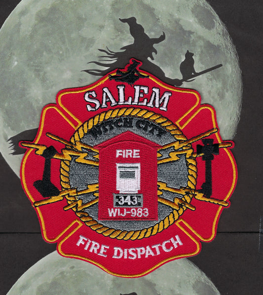 SALEM, MASSACHUSETTS (WITCH CITY) FIRE DEPARTMENT 'FIRE DISPATCH' EMBROIDERED '343' TRIBUTE PATCH BY PUBLIC SAFETY COLLECTIBLES.