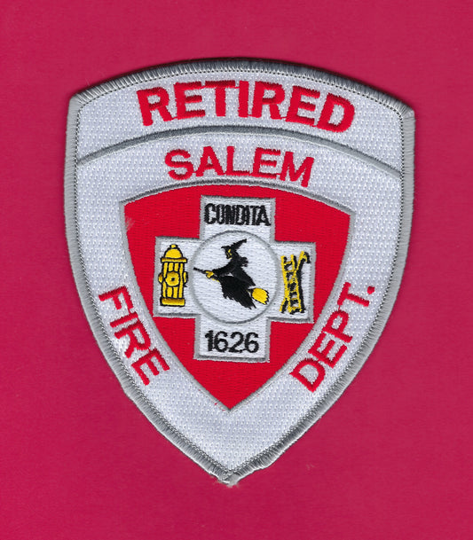 SALEM, MASSACHUSETTS FIRE DEPARTMENT EMBROIDERED 5-INCH 'RETIRED FIREFIGHTER' PATCH BY PUBLIC SAFETY COLLECTIBLES.