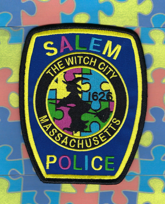 SALEM, MASSACHUSETTS POLICE DEPARTMENT (WITCH CITY) 4.75 INCH EMBROIDERED AUTISM AWARENESS EMBROIDERED PATCH BY PUBLIC SAFETY COLLECTIBLES.