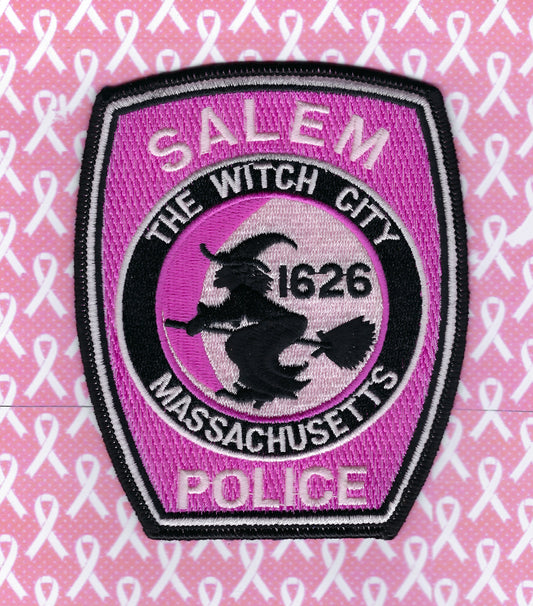 SALEM, MASSACHUSETTS POLICE DEPARTMENT (WITCH CITY) 4.75 INCH BREAST CANCER AWARENESS EMBROIDERED PATCH BY PUBLIC SAFETY COLLECTIBLES.