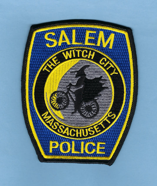SALEM, MASSACHUSETTS POLICE DEPARTMENT (WITCH CITY) 4.75 INCH 'WITCH ON BICYCLE' EMBROIDERED PATCH BY PUBLIC SAFETY COLLECTIBLES.