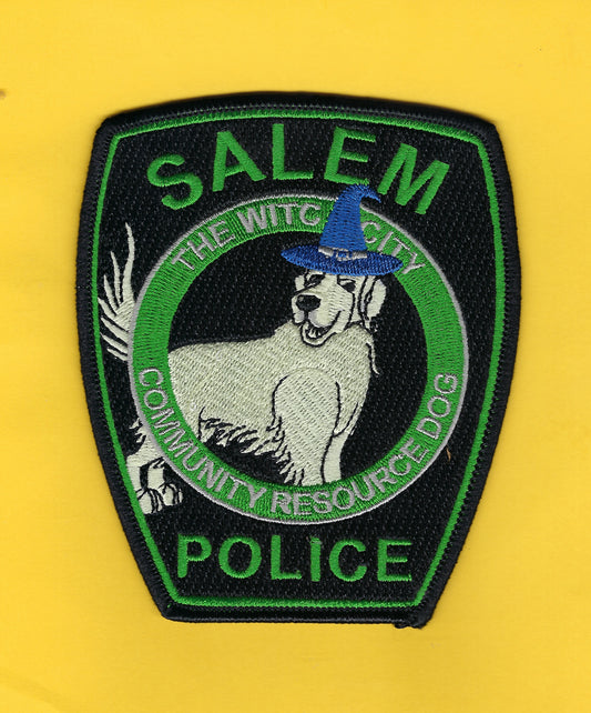 SALEM, MASSACHUSETTS POLICE DEPARTMENT (WITCH CITY) 4.75 INCH 'COMMUNITY RESOURCE DOG' EMBROIDERED PATCH SOLD EXCLUSIVELY BY THE WITCH CITY POLICE.