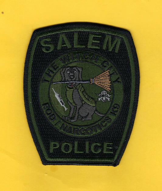 SALEM, MASSACHUSETTS POLICE DEPARTMENT (WITCH CITY) 4.75 INCH ( EOD / NARCOTICS K-9' ) EMBROIDERED PATCH SOLD EXCLUSIVELY BY THE WITCH CITY POLICE.