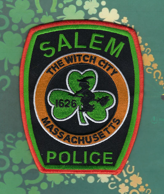 SALEM, MASSACHUSETTS POLICE DEPARTMENT (WITCH CITY) 4.75 INCH SAINT PATRICK'S DAY EMBROIDERED PATCH BY PUBLIC SAFETY COLLECTIBLES.