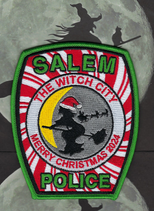 SALEM, MASSACHUSETTS POLICE DEPARTMENT (WITCH CITY) 4.5 INCH LIMITED EDITION EMBROIDERED CHRISTMAS PATCH SOLD EXCLUSIVELY BY THE WITCH CITY POLICE. 🚓