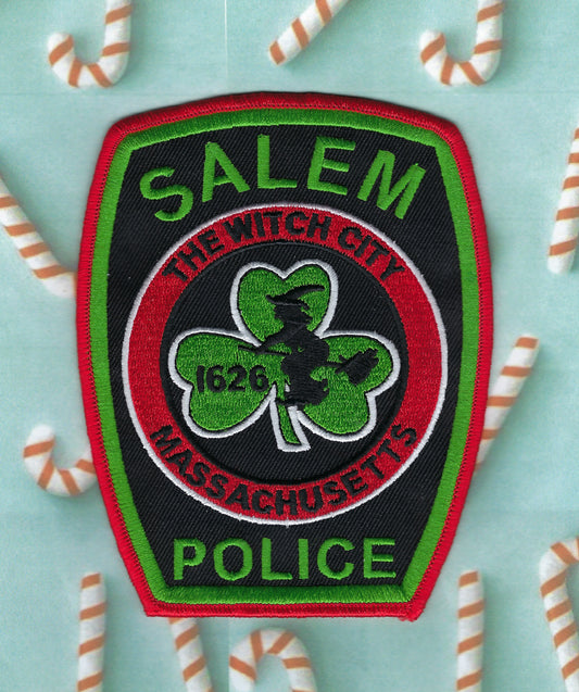 SALEM, MASSACHUSETTS POLICE DEPARTMENT (WITCH CITY) 5-INCH 'MERRY CHRISTMAS' EMBROIDERED PATCH BY PUBLIC SAFETY COLLECTIBLES.