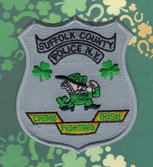 SUFFOLK COUNTY, NEW YORK POLICE (SCPD) DEPARTMENT 'CRIME FIGHTING IRISH' EMBROIDERED PATCH BY PUBLIC SAFETY COLLECTIBLES.