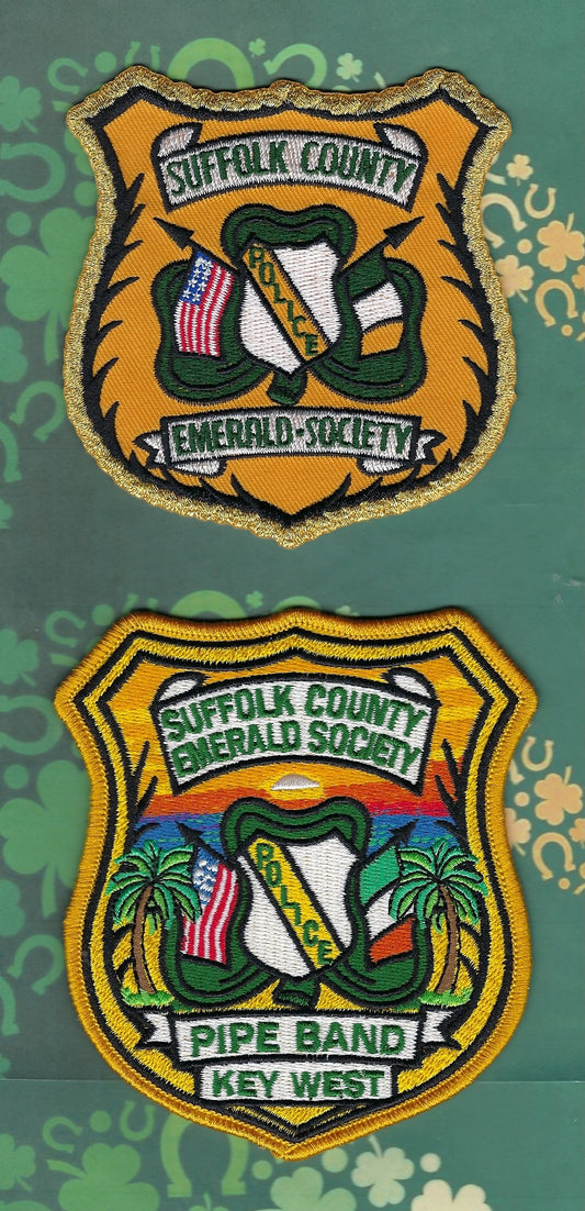 SUFFOLK COUNTY, NEW YORK POLICE DEPARTMENT (SCPD) 'EMERALD SOCIETY' EMBROIDERED PATCHES BY REAL TIME COIN CENTER.
