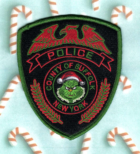SUFFOLK COUNTY, NEW YORK POLICE DEPARTMENT (SCPD) 'MERRY GRINCHMAS' EMBROIDERED CHRISTMAS PATCH BY REAL TIME COIN CENTER.