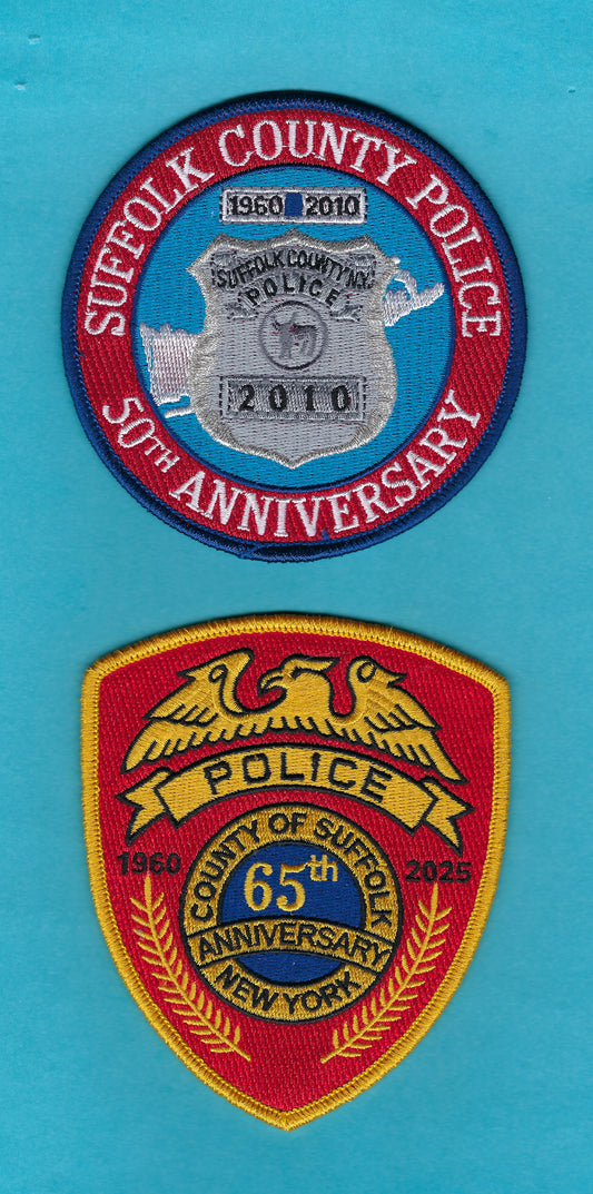 SUFFOLK COUNTY, NEW YORK POLICE DEPARTMENT (SCPD) 50TH ANNIVERSARY AND 65TH ANNIVERSARY EMBROIDERED PATCHES BY PUBLIC SAFETY COLLECTIBLES.