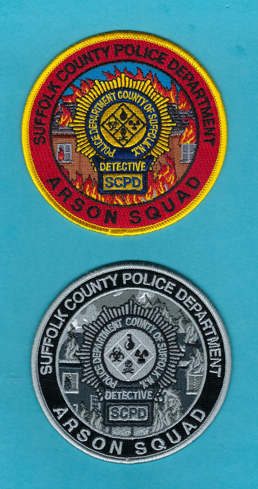 SUFFOLK COUNTY, NEW YORK POLICE DEPARTMENT (SCPD) 'ARSON SQUAD' DETECTIVE EMBROIDERED PATCH SET BY PUBLIC SAFETY COLLECTIBLES.