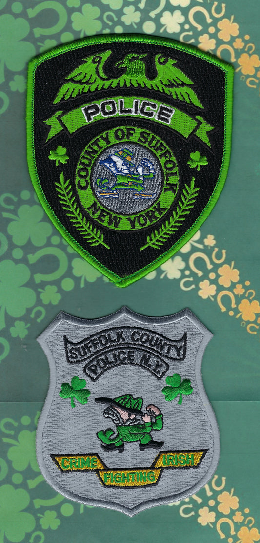 SUFFOLK COUNTY, NEW YORK POLICE DEPARTMENT (SCPD) 'CRIME FIGHTING IRISH' EMBROIDERED PATCH SET BY PUBLIC SAFETY COLLECTIBLES.