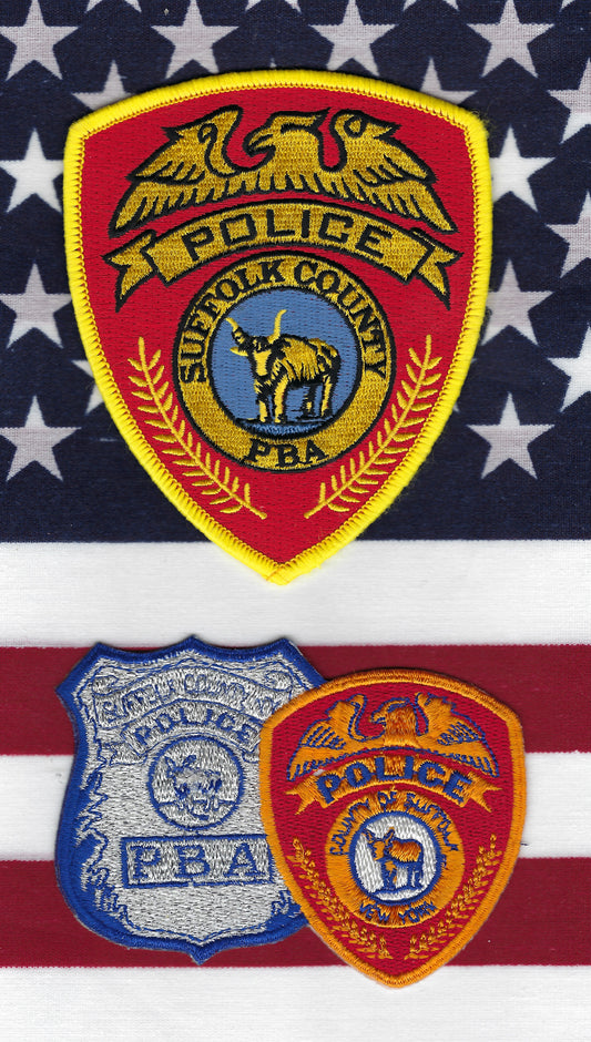SUFFOLK COUNTY, NEW YORK POLICE DEPARTMENT (SCPD) 'POLICE BENEVOLENT ASSOCIATION' (PBA) EMBROIDERED PATCH SET BY PUBLIC SAFETY COLLECTIBLES.