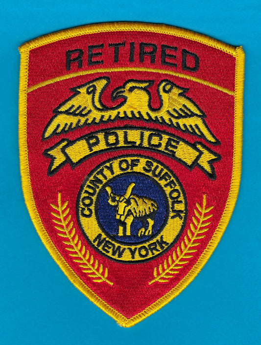 SUFFOLK COUNTY, NEW YORK POLICE DEPARTMENT (SCPD) 'RETIRED OFFICER' EMBROIDERED PATCH BY REAL TIME COIN CENTER.
