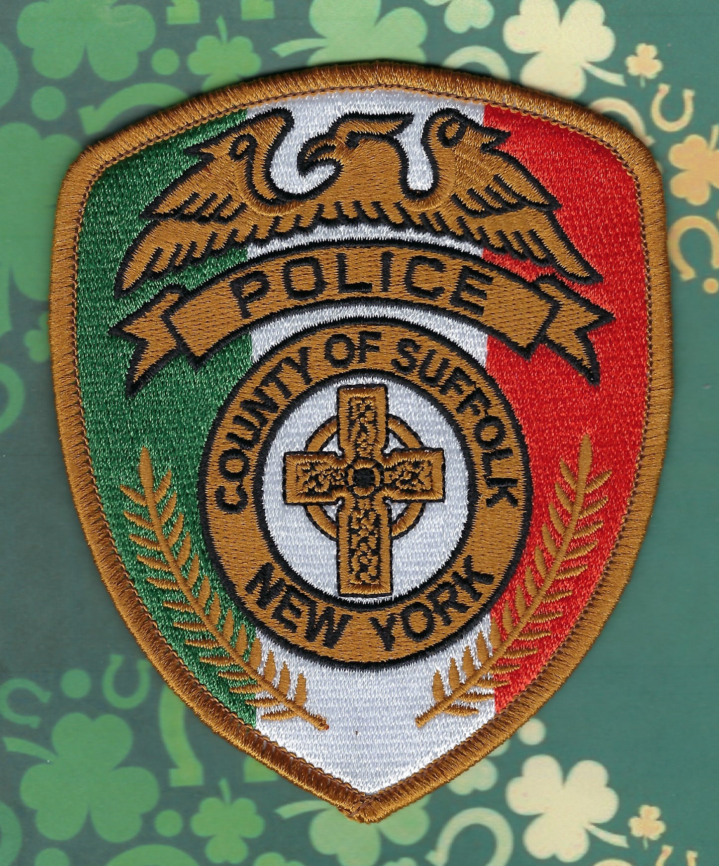 SUFFOLK COUNTY, NEW YORK POLICE DEPARTMENT (SCPD) SAINT PATRICK'S DAY EMBROIDERED PATCH BY REAL TIME COIN CENTER.