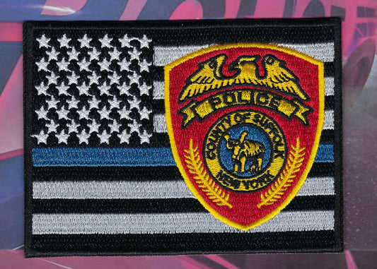 SUFFOLK COUNTY, NEW YORK POLICE DEPARTMENT (SCPD) 'THIN BLUE LINE' EMBROIDERED FLAG PATCH BY REAL TIME COIN CENTER.