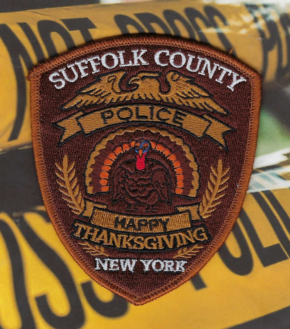 SUFFOLK COUNTY, NEW YORK POLICE DEPT (SCPD) 'HAPPY THAKSGIVING' EMBROIDERED PATCH BY REAL TIME COIN CENTER.