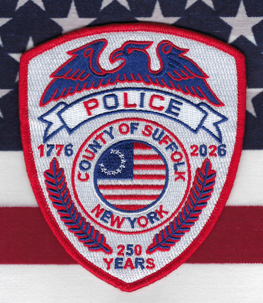 SUFFOLK COUNTY, NEW YORK POLICE DEPARTMENT (SCPD) 'USA 250TH ANNIVERSARY' EMBROIDERED TRIBUTE PATCH BY REAL TIME COIN CENTER.