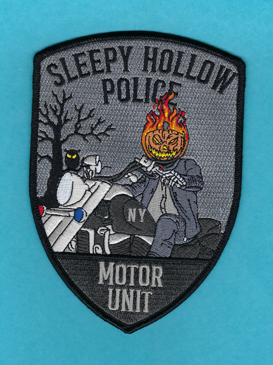 SLEEPY HOLLOW, NEW YORK (WESTCHESTER COUNTY) POLICE DEPARTMENT MOTOR UNIT HALLOWEEN EMBROIDERED PATCH BY GHOST PATCH ENTERPRISES.