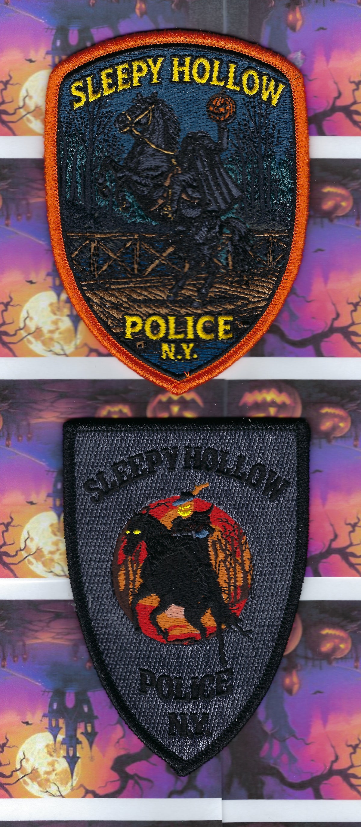 SLEEPY HOLLOW, NEW YORK (WESTCHESTER COUNTY) POLICE DEPT 'HEADLESS HORSEMAN' HALLOWEEN EMBROIDERED PATCH SET.