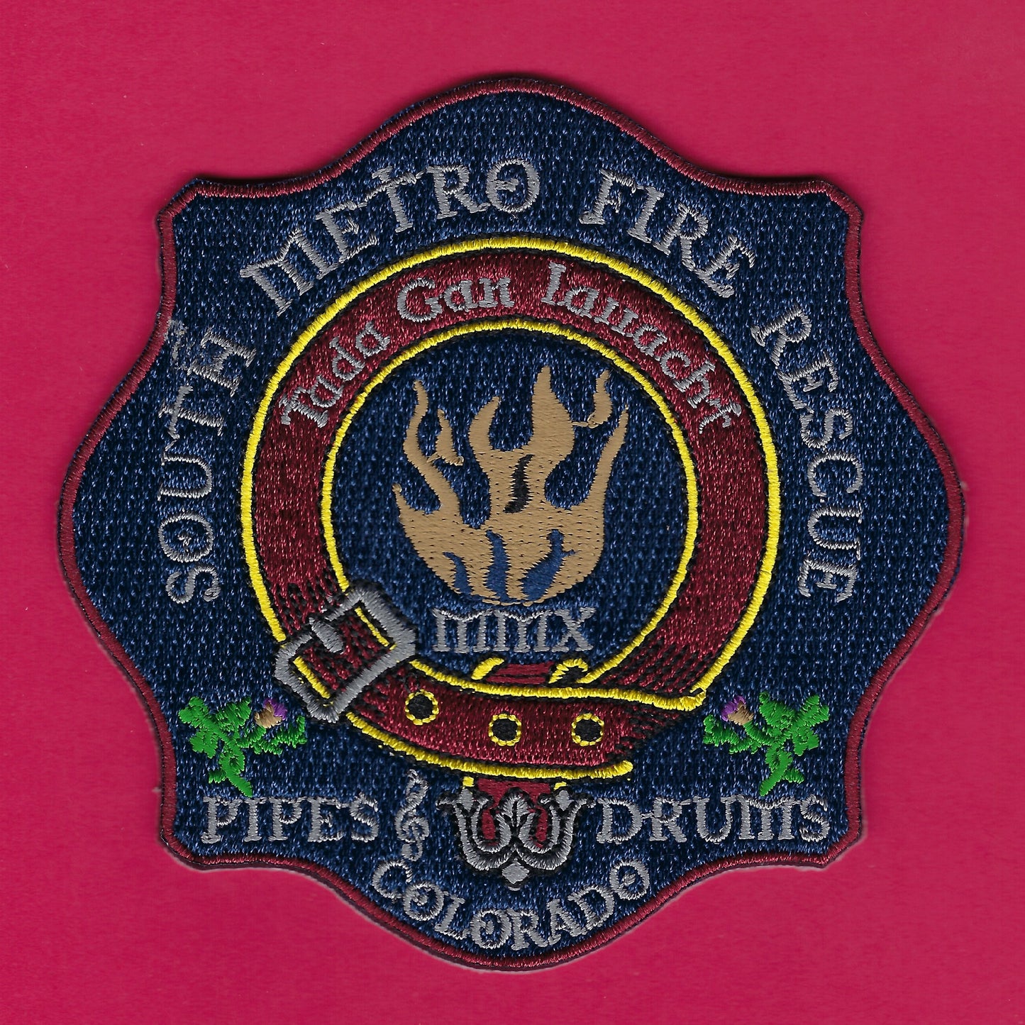 SOUTH METRO, COLORADO FIRE-RESCUE DEPARTMENT PIPES AND DRUMS EMBROIDERED PATCH BY PUBLIC SAFETY COLLECTIBLES.