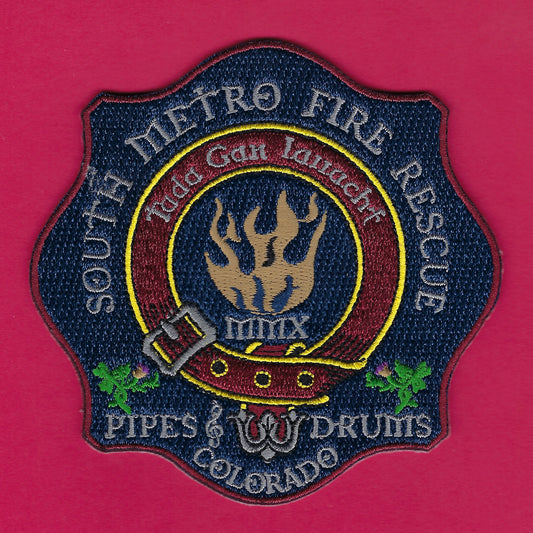 SOUTH METRO, COLORADO FIRE-RESCUE DEPARTMENT PIPES AND DRUMS EMBROIDERED PATCH BY PUBLIC SAFETY COLLECTIBLES.