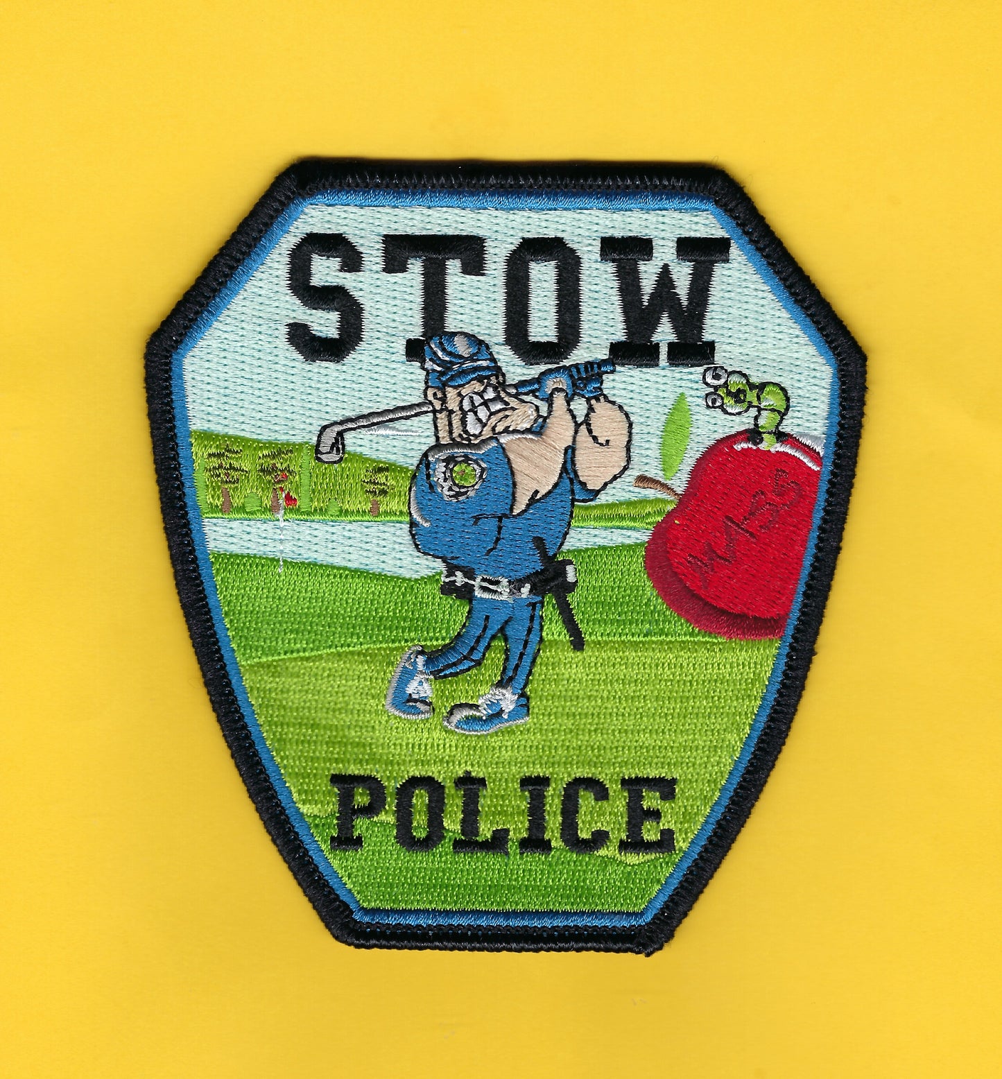STOW, MASSACHUSETTS POLICE DEPARTMENT 4.5 INCH 'GOLF OUTING' EMBROIDERED PATCH BY GHOST PATCH PRODUCTIONS.