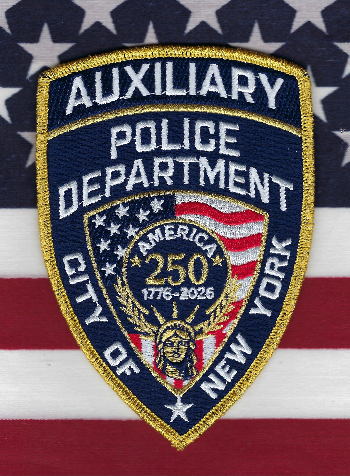 NEW YORK CITY POLICE DEPARTMENT (NYPD) AUXILIARY LIMITED EDITION 'USA 250TH ANNIVERSARY' EMBROIDERED PATCH BY UNDERDOG PATCH PRODUCTIONS.
