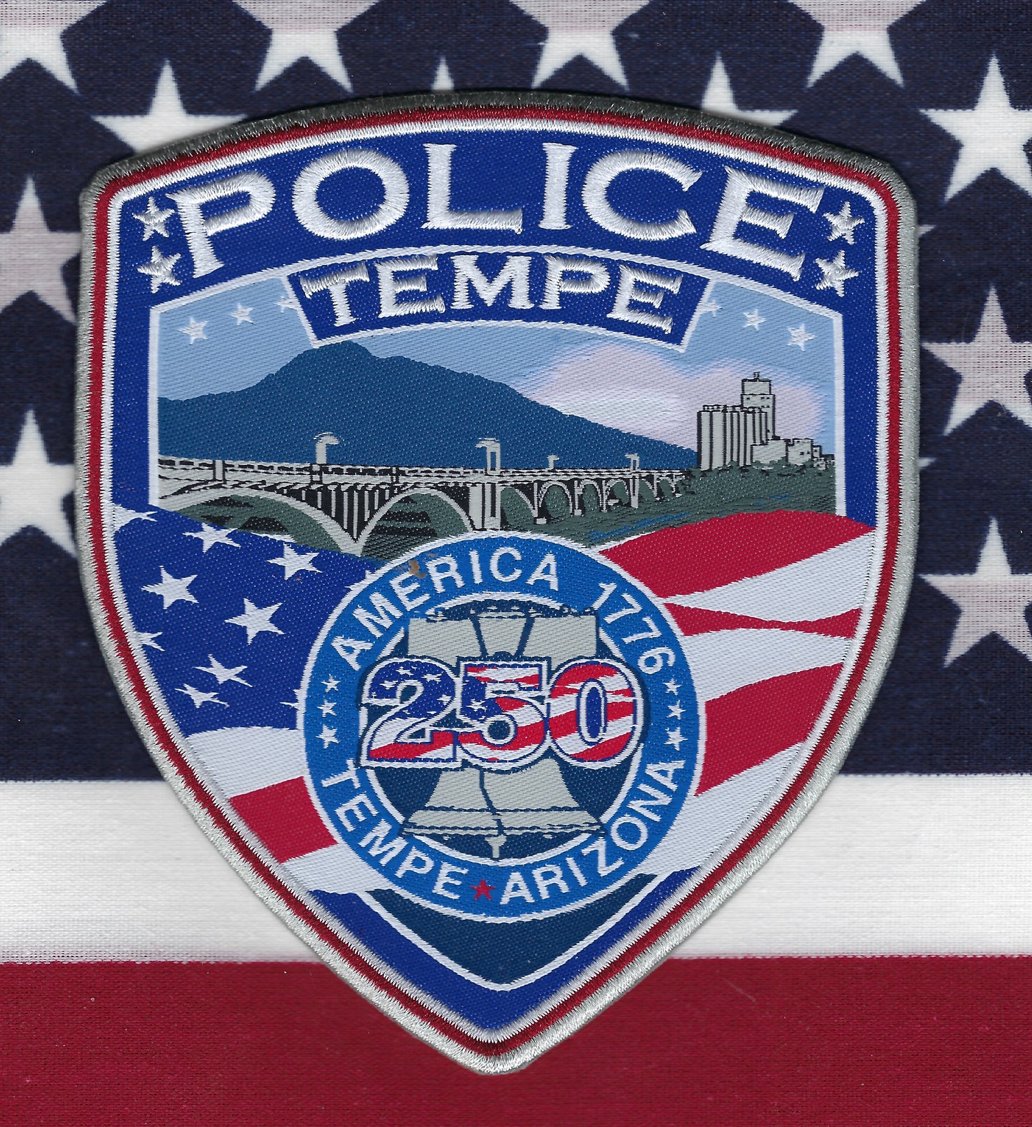 TEMPE, ARIZONA POLICE POLICE DEPARTMENT 'USA 250TH BIRTHDAY' EMBROIDERED TRIBUTE PATCH BY TEMPE POLICE OFFICERS ASSOCIATION.