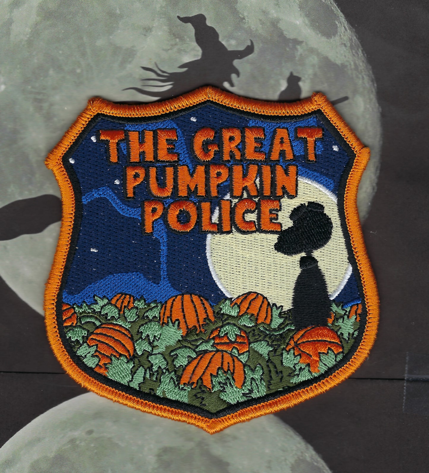 THE GREAT PUMPKIN POLICE 4-INCH EMBROIDERED HALLOWEEN PATCH DESIGNED AND PRODUCED BY GHOST PATCH ENTERPRISES.