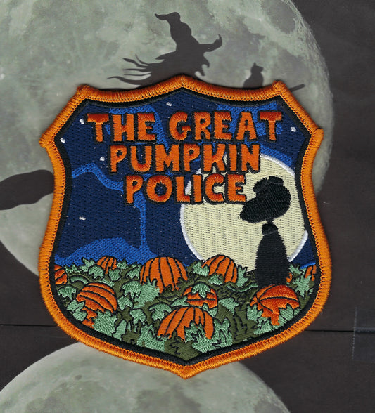 THE GREAT PUMPKIN POLICE 4-INCH EMBROIDERED HALLOWEEN PATCH DESIGNED AND PRODUCED BY GHOST PATCH ENTERPRISES.