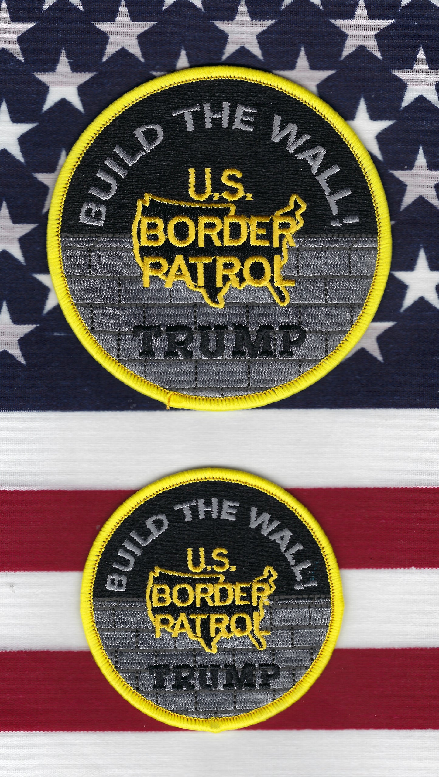 UNITED STATES BORDER PATROL 'PRESIDENT TRUMP BUILD THE WALL' EMBROIDERED PATCH SET BY PUBLIC SAFETY COLLECTIBLES.