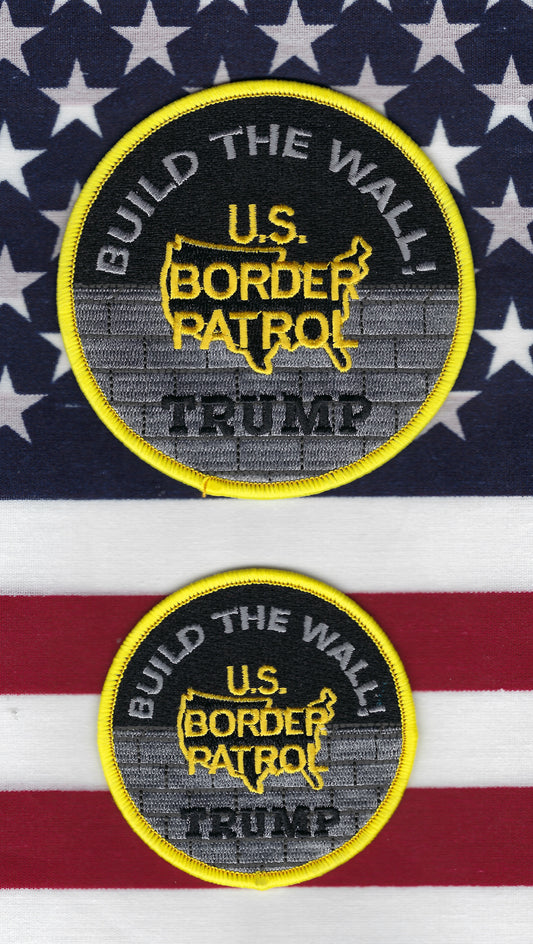 UNITED STATES BORDER PATROL 'PRESIDENT TRUMP BUILD THE WALL' EMBROIDERED PATCH SET BY PUBLIC SAFETY COLLECTIBLES.