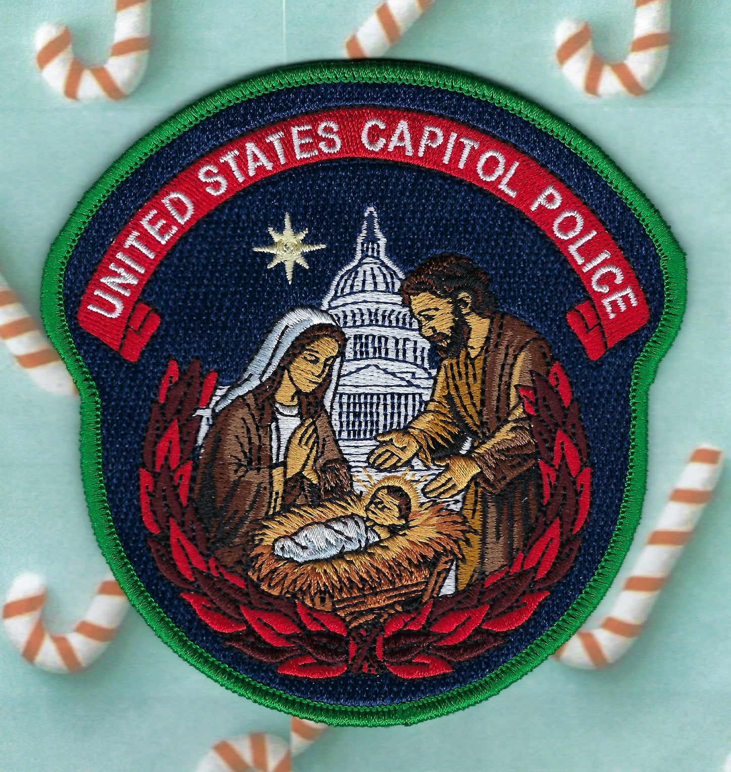 UNITED STATES CAPITOL POLICE DEPARTMENT RELIGIOUS 'MERRY CHRISTMAS' EMBROIDERED PATCH DESIGNED AND PRODUCED BY GHOST PATCH ENTERPRISES.