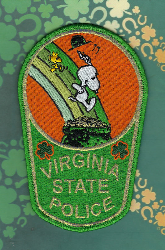 VIRGINIA STATE POLICE DEPARTMENT SAINT PATRICK'S DAY EMBROIDERED PATCH DESIGNED AND PRODUCED BY GHOST PATCH ENTERPRISES.