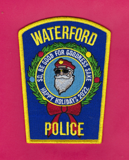 WATERFORD, CONNECTICUT POLICE DEPARTMENT EMBROIDERED 2022 CHRISTMAS PATCH DESIGNED AND PRODUCED BY GHOST PATCH ENTERPRISES.