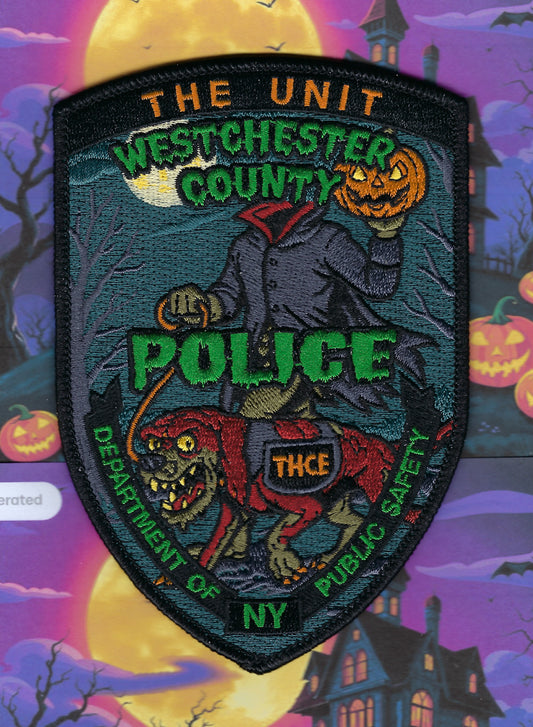 WESTCHESTER COUNTY, NEW YORK POLICE DEPT (WCPD) HALLOWEEN EMBROIDERED PATCH DESIGNED AND PRODUCED BY UNDERDOG PATCH PRODUCTIONS.